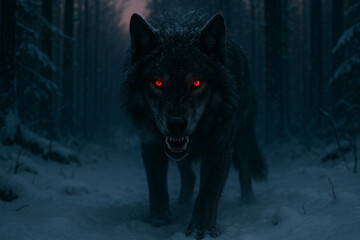 Red-eyed wolf emerges from the eerie, snow-covered woods at twilight. © ZAY