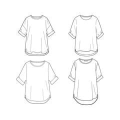 Four Views of Womens Casual ShortSleeve TShirt Fashion Flat Sketch