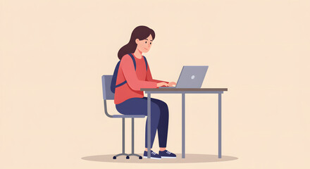 Female Student Working on a Laptop: Flat Vector Illustration of a Young Woman Studying at a Desk