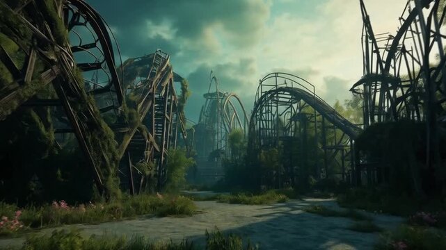 Abandoned Overgrown Amusement Park With Rusty Roller Coaster Structures


