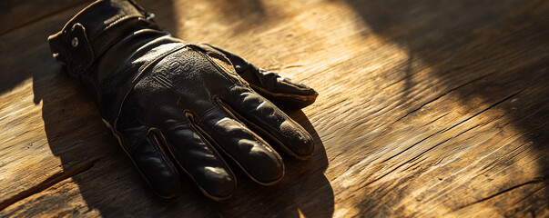 Cycling gloves placed neatly on a wooden surface in the afternoon light during a biking journey