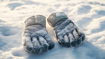 Weathered snowboarding gloves resting on fresh snow in a winter landscape during daylight