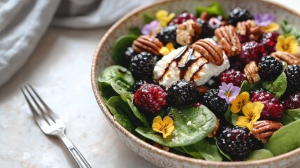 Salad composition with fresh blackberries spinach leaves pecans and white cheese in rustic ceramic bowl garnished with colorful edible flowers