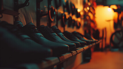 Row of cycling shoes neatly arranged against a garage wall illuminated by warm light during evening hours