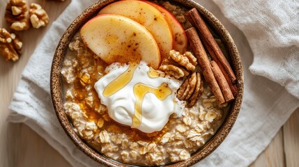 Morning breakfast bowl containing wholesome oatmeal porridge with white yogurt, honey drizzle and apple slices