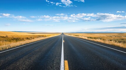 Naklejka premium Endless Horizon: Crisp A straight asphalt road Imagery – Smooth, Jet-Black Pavement Stretching to the Distance, White Lane Markings, Flanking Greenery Edges, and Sunlight Glinting Off the Surface in 