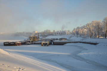 Volga River embankment in winter morning fog. Uglich, Yaroslavl region
