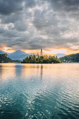 beautifil lake Bled in Slovenia , sunrise 