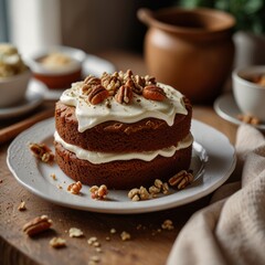 Double-layer carrot cake topped with cream cheese frosting, pecans, and walnuts on a plate. Rustic background with scattered nuts.