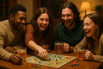 Fototapeta premium Friends enjoy a lively game night with laughter and drinks around a board game at a cozy house