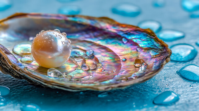 Close-up of a pearl inside a colorful oyster shell with water droplets on a textured surface - Powered by Adobe