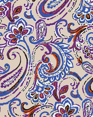 Paisley seamless vector pattern in traditional Oriental style. Decorated with flowers, leaves, and fantasy elements, for fabric, textile and wallpaper covers