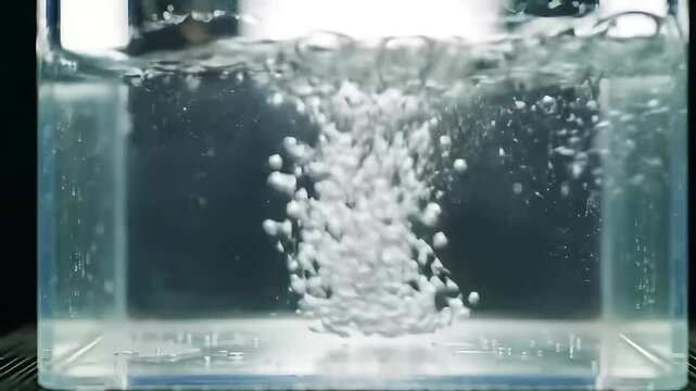 Water bubbles rising in clear tank, dark background, science experiment