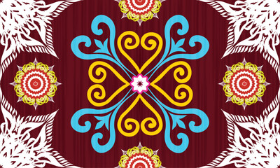 The fabric patterns seamless vector pattern, beautifully arranged floral, with flowers in the center, blue and yellow , red background