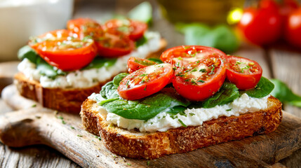 Toast with fresh cherry tomatoes, creamy cheese, and spinach on rustic wooden board