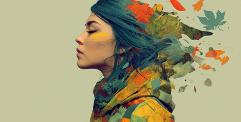 Autumnal Contemplation: A serene portrayal of a woman with teal hair, adorned with autumnal elements, evokes a sense of introspection and connection with the season.
