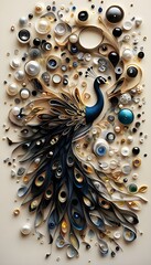 Vertical Mixed Media Artwork of an Intricately Designed Peacock, 3D Paper Collage with Geometric abstraction and Decorative Texture, Elegant Home or Office Wall Art