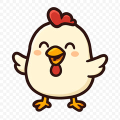 A cute cartoon chicken with white feathers and a red comb, featuring a happy expression and small wings, standing on a clear background.
