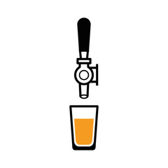 Beer Tap Dispensing Golden Liquid into Glass Black and White Outline.