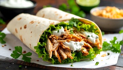 Two chicken burritos on parchment paper