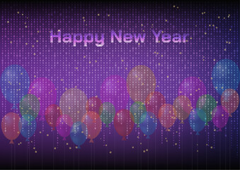 Binary code on Merry Christmas and Happy New Year with colorful balloon and glitter.