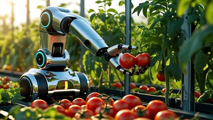 AI-powered robot harvesting vegetables on an organic farm, representing future farming and green technology  
