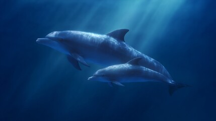 Graceful dolphins swim together in the deep ocean. This serene underwater scene captures the beauty of marine life. Perfect for wildlife enthusiasts and ocean lovers. AI