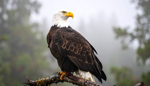 Bald eagle perched in misty forest