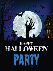 Spooky Halloween Party Poster with Haunted House and Full Moon