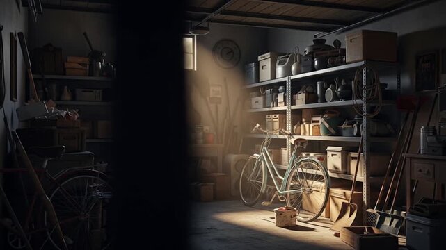 Vintage bicycles and tools in a cluttered, sunlit garage with packed shelves