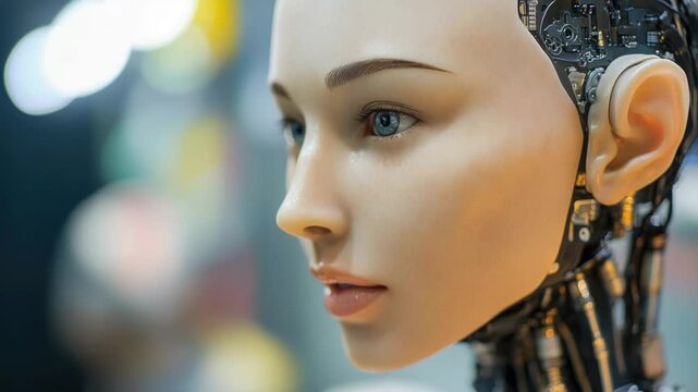 A detailed image of a robotic head with mechanical features and expressionless face