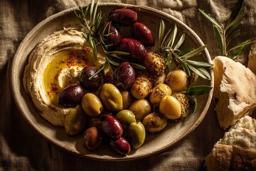 Appetizing bowl of hummus and assorted olives with olive branch garnish, bread on side