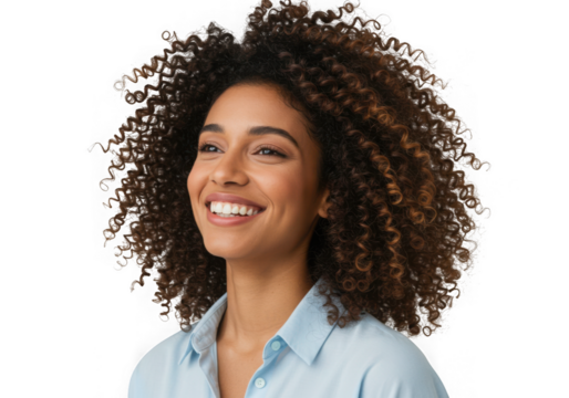 Smiling woman with curly brown hair style on transparent background
