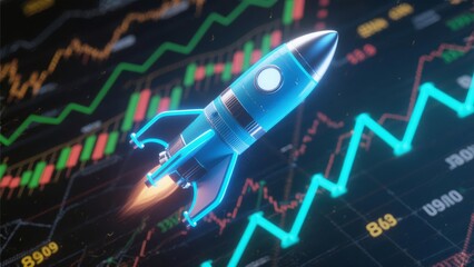Rocket Launch Stock Market Growth:  3D Render of Blue Spaceship Ascending Above Vibrant Financial Charts and Graphs
