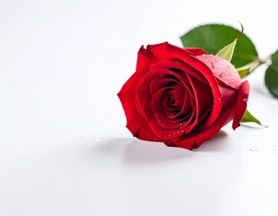  "A single, perfect red rose in sharp focus, studio lighting, crisp white background, highly detailed petals and water droplets, cinematic, Full HD, minimalist composition."