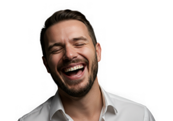 Man laughing with eyes closed portrait on transparent background