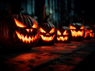 Scary Halloween pumpkins standing in a row on a dark background