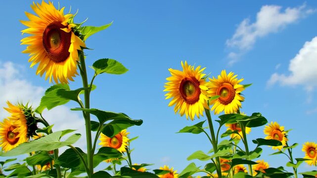 Bright sunflowers against a vibrant blue sky dotted with fluffy white clouds - Powered by Adobe