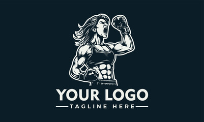 Illustration of a muscular woman boxer with boxing gloves, shouting and ready to fight.