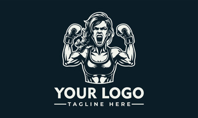 A stylized graphic logo featuring a female boxer in a powerful pose, with boxing gloves and raised arms.
