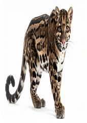 Naklejka premium A clouded leopard walks forward, its patterned fur and long tail visible against a bright white background.