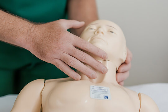 Medical professional demonstrates proper technique on a training dummy, emphasizing accuracy and care. First Aid CPR training, life-saving skills, instruction.