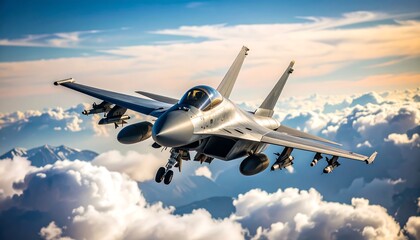 Fighter jet soaring above mountainous cloudscape