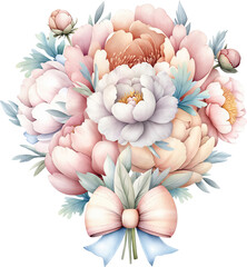 Delicate watercolor illustration of a lush peony bouquet in soft pastels, tied with a pink‑and‑dusty‑blue ribbon bow. Perfect for wedding stationery, cards, baby decor, branding, and feminine designs