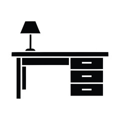 Simple silhouette of a desk with a lamp and drawers