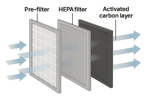 furnace filter air. Diagram showing a three-stage air filtration system with pre-filter, HEPA filter, and activated carbon layer.