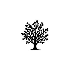 Illustration of a stylized tree with dense foliage in black silhouette against a white background view
