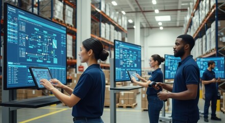 Warehouse workers using digital screens to manage product flow