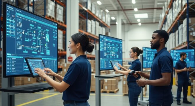 Warehouse workers using digital screens to manage product flow - Powered by Adobe