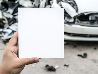 Holding a blank card against a backdrop of vehicle wreckage conveys a message of damage assessment, insurance considerations, or a visual aid for collision analysis.